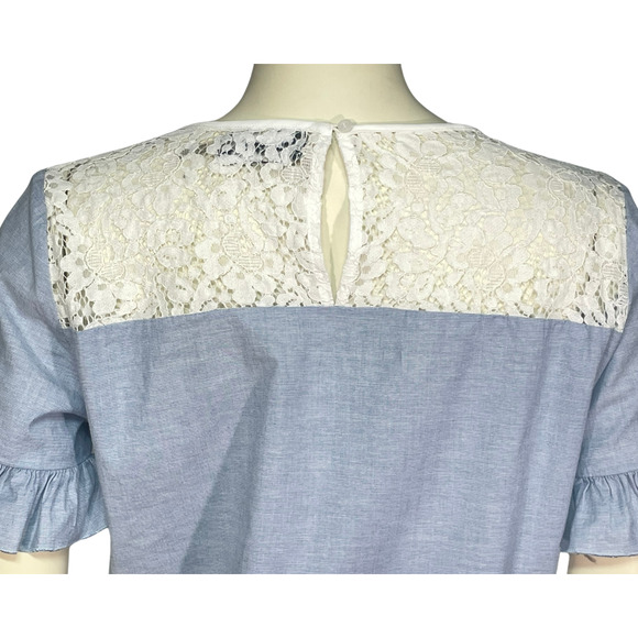 3-FOR-$30 Karl Lagerfeld Sz S Ruffle Sleeve Top Chambray Blue  White Lace - Picture 8 of 10